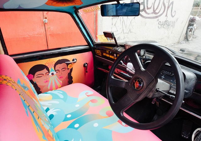 孟买色彩斑斓的插画布出租车32
