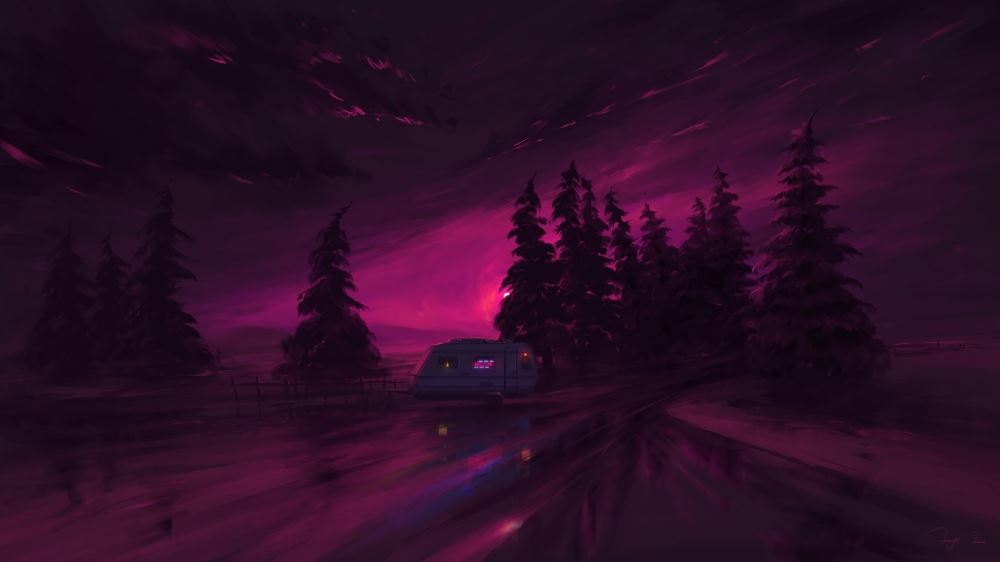 最新2021年绚丽紫红色夜光房车和森林唯美意境图